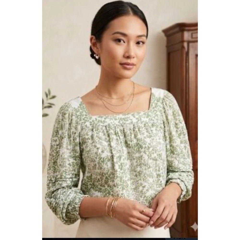 Lauren Conrad Women's L Square Neck Pintuck Peasant Blouse Green Floral Sheer